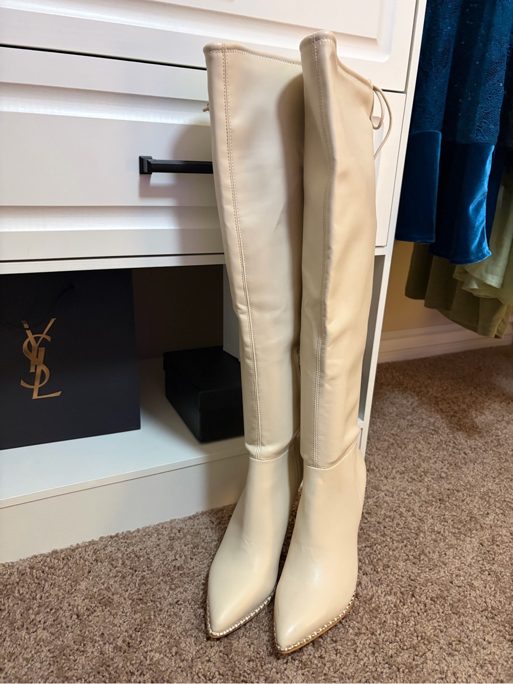 BCBG Cream Leather Over-the-Knee Pointed Toe healed Boots-New